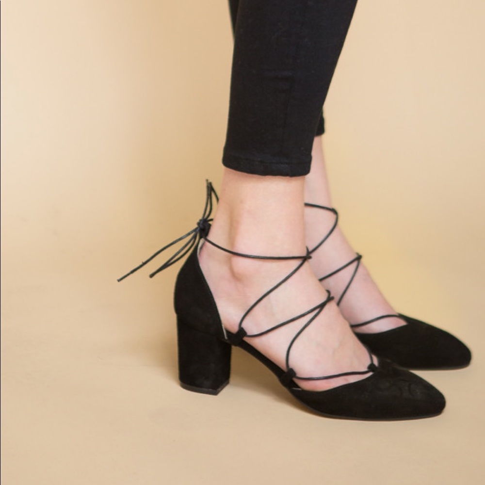 INTENTIONALLY BLANK Black Suede Lace-Up Block Heel Pumps